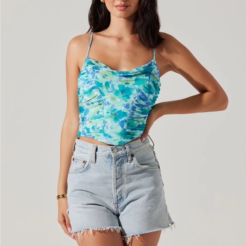 Tippi Cowl Neck Floral Top Blue Teal Floral - Picture 4 of 7